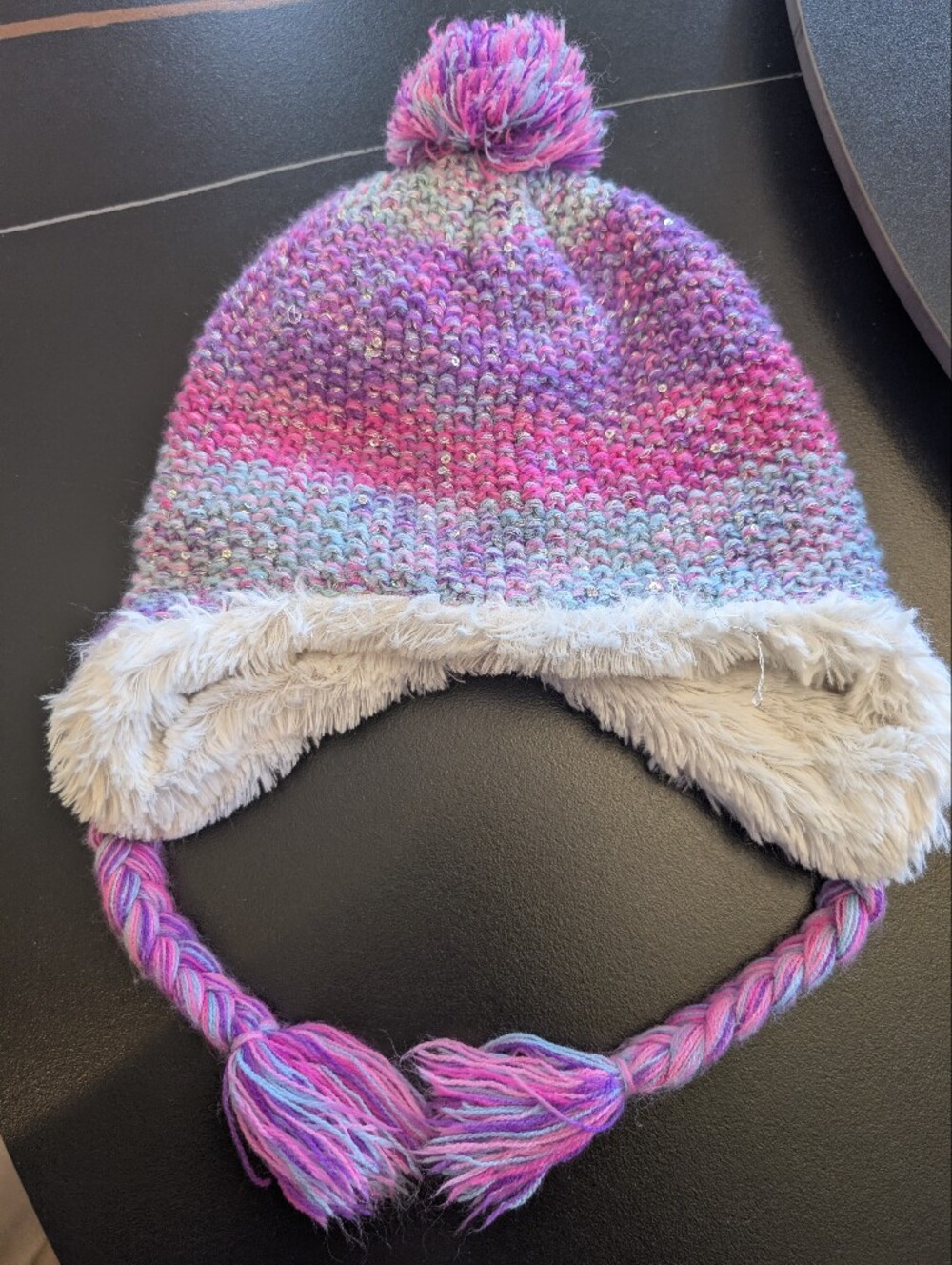 Kids Faux-Fur Lined Knit Pom-Pom Hat - Pink & Purple
